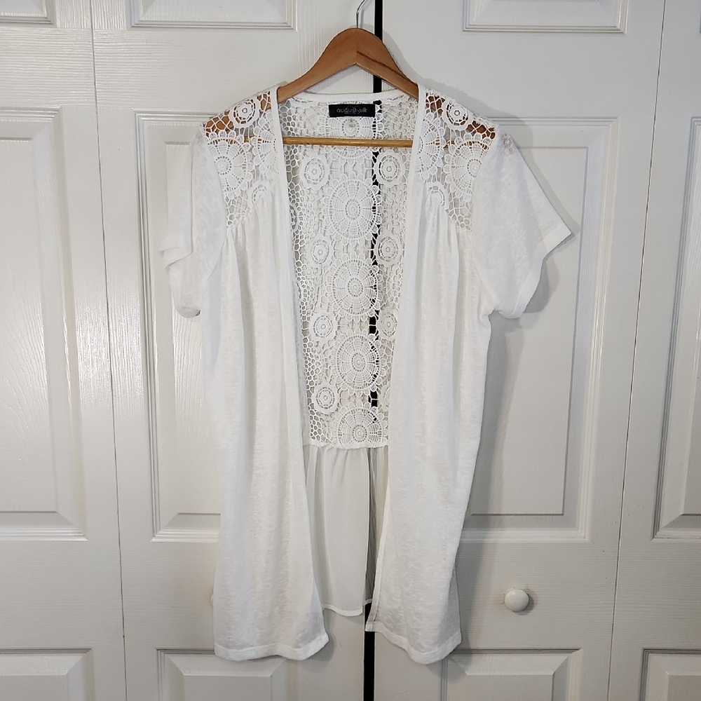 August Silk White Lace Kimono Cardigan Size Med Floral Burnout Beach Cottagecore